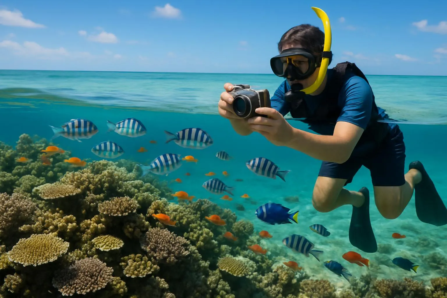 新城海岸でサンゴ礁と熱帯魚の水中写真を楽しむ