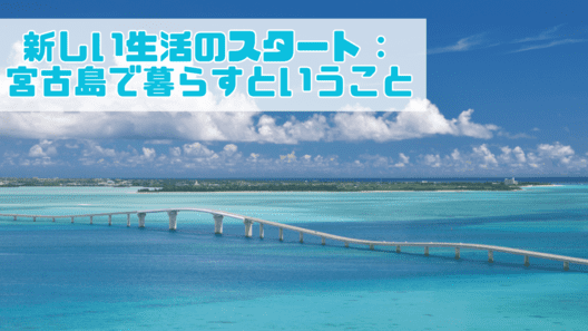 青空の左上に”新しい生活のスタート：宮古島で暮らすということ”と記載され青く広い海に白い長大橋がかかっている画像