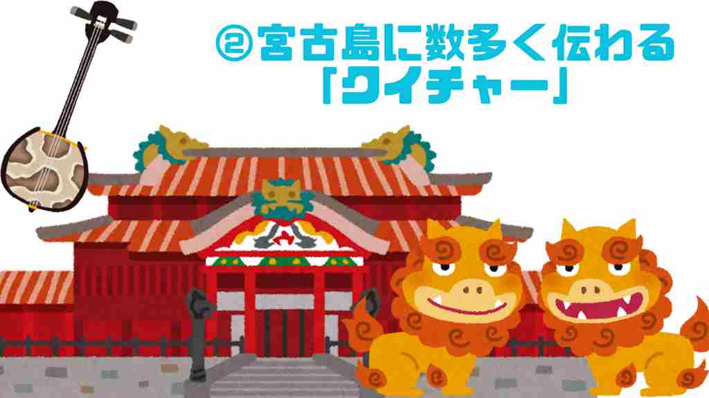 右上に「②宮古島に数多く伝わる「クイチャー」」。三味線とシーサー2体と首里城の画像