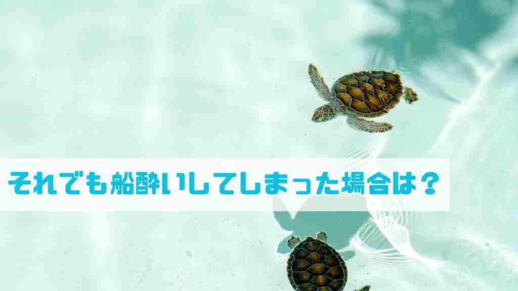 透明な水の背景。亀が2匹泳いでいて左下に”それでも船酔いしてしまった場合は？”と記載がある画像