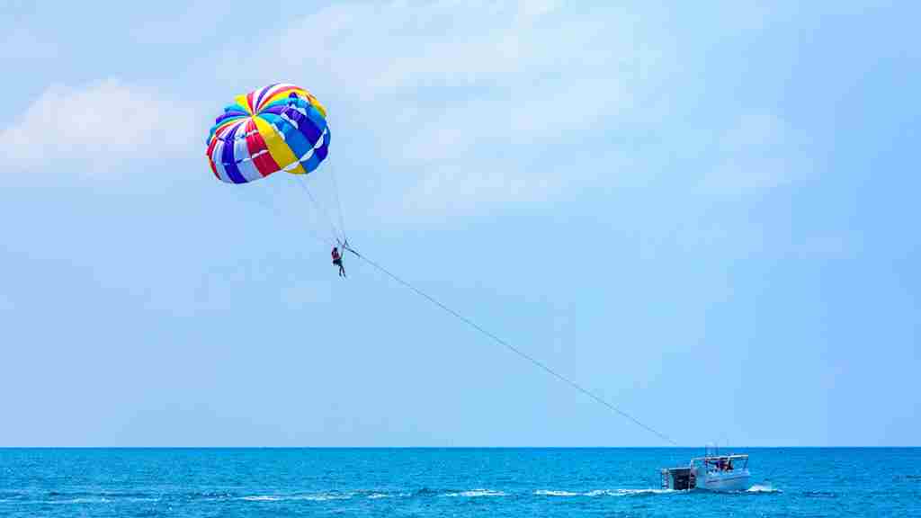 晴れた青空の下、海上でカラフルなパラソルを広げたパラセーリングをしている画像