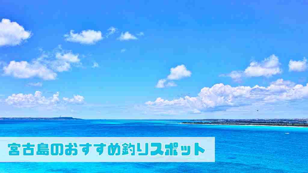 水平線の見える青い海と青い空の左下に”宮古島のおすすめ釣りスポット”と記載された画像