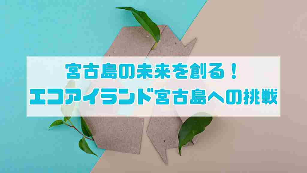 水色とブラウンの背景にトライアングル型リサイクルマークと葉っぱの上に”宮古島の未来を創る！エコアイランド宮古島への挑戦”と記載された画像