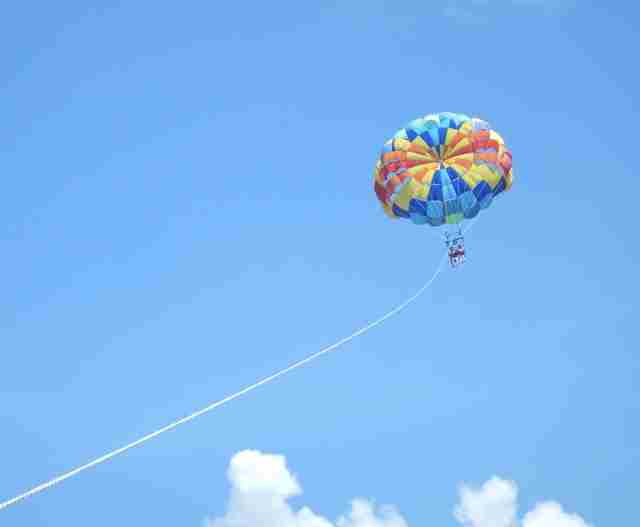 青空に飛ぶカラフルなパラセーリング