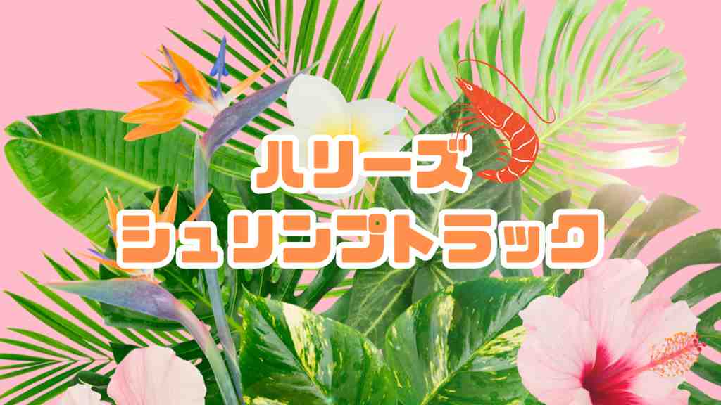 ピンクの背景。鮮やかな緑の葉と極楽鳥花、ハイビスカス。画面中央には”ハリーズシュリンプトラック”のテキスト。