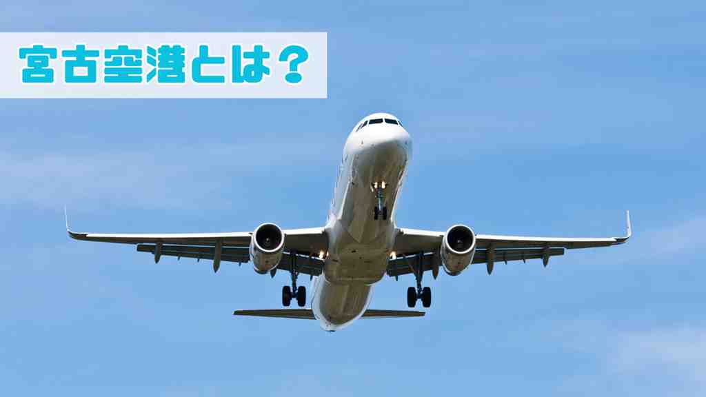 飛んでいる飛行機の画像。画面の左上に”宮古空港とは？”のテキスト。